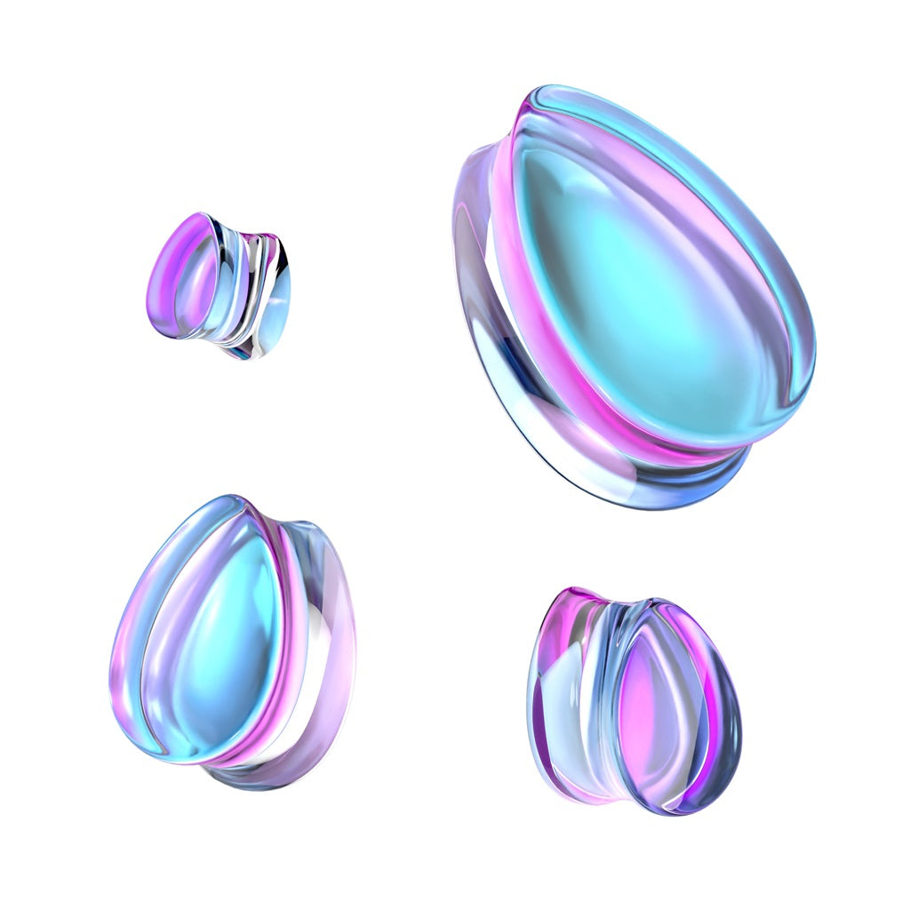 Purple Iridescent Glass Tear Drop Shaped Double Flared Plug Gauges - Pair