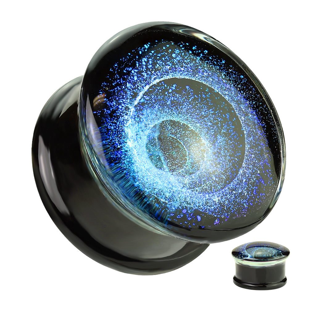 Blue Vortex Galaxy Pyrex Glass Double Flared Plugs - Pair