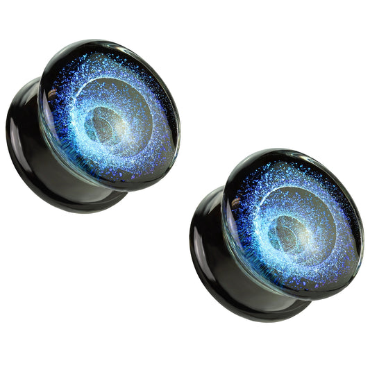 Blue Vortex Galaxy Pyrex Glass Double Flared Plugs - Pair