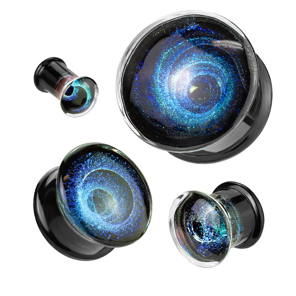 Blue Vortex Galaxy Pyrex Glass Double Flared Plugs - Pair