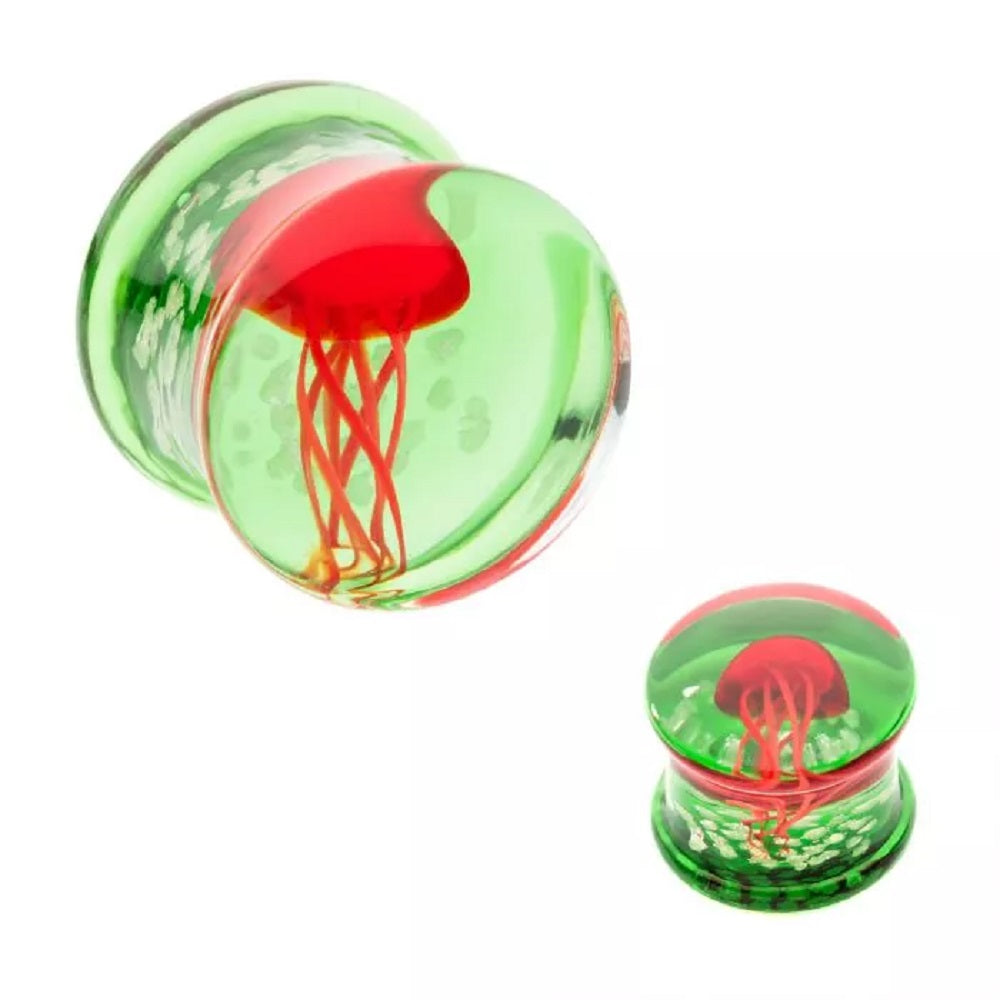 Green Glass with Red Floating Jellyfish Double Flared Plugs - Pair
