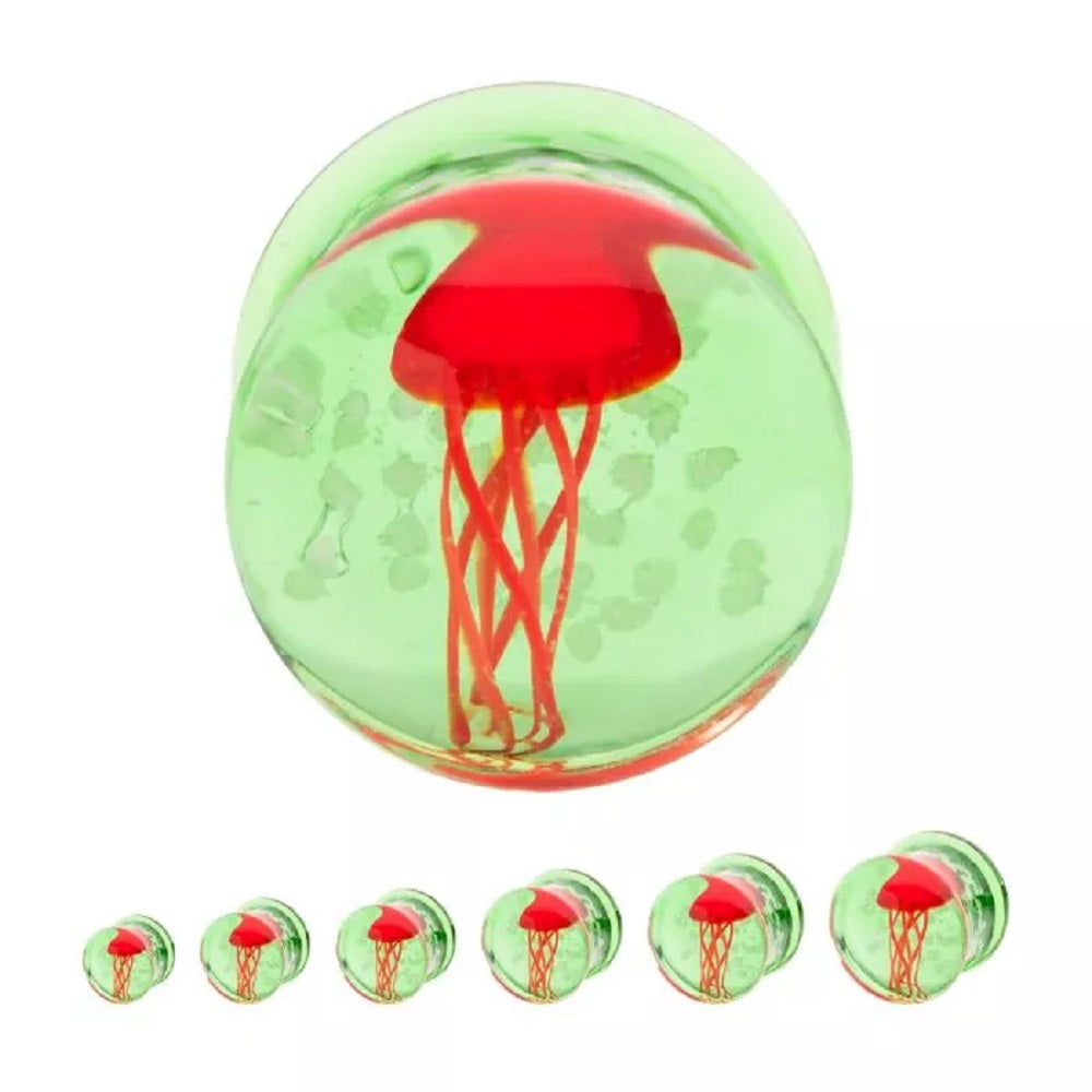 Green Glass with Red Floating Jellyfish Double Flared Plugs - Pair