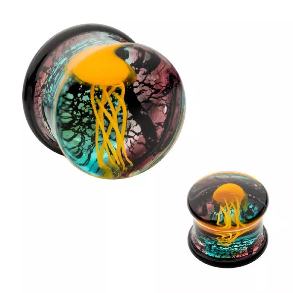 Glass Yellow Floating Jellyfish Double Flared Plugs - Pair