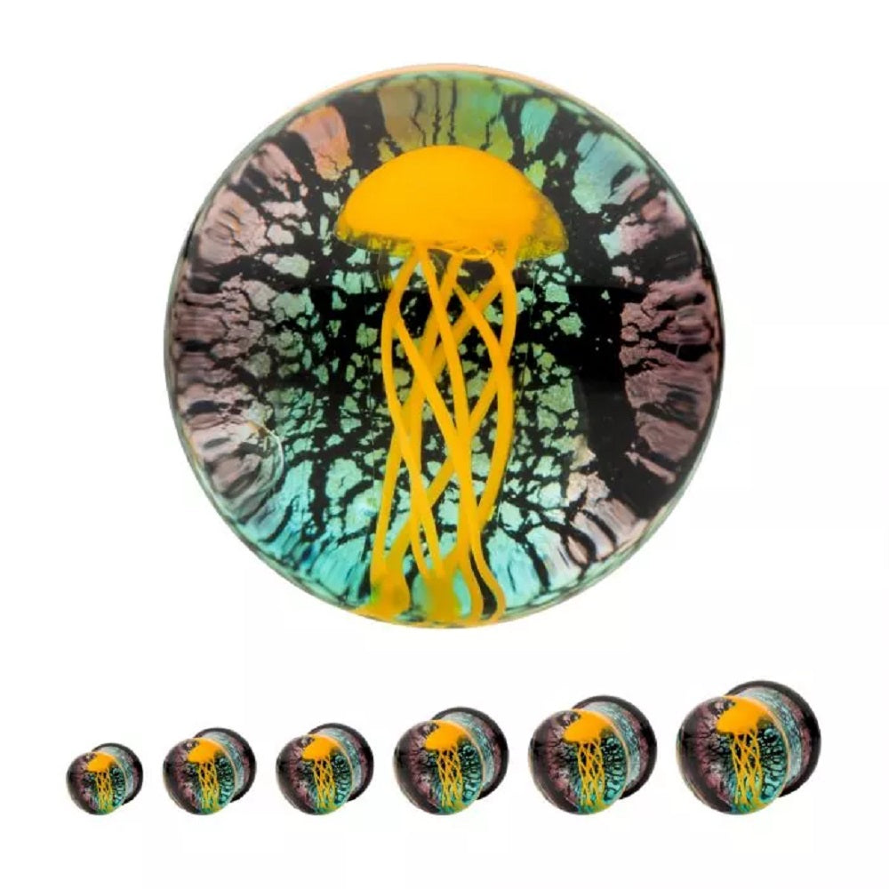 Glass Yellow Floating Jellyfish Double Flared Plugs - Pair