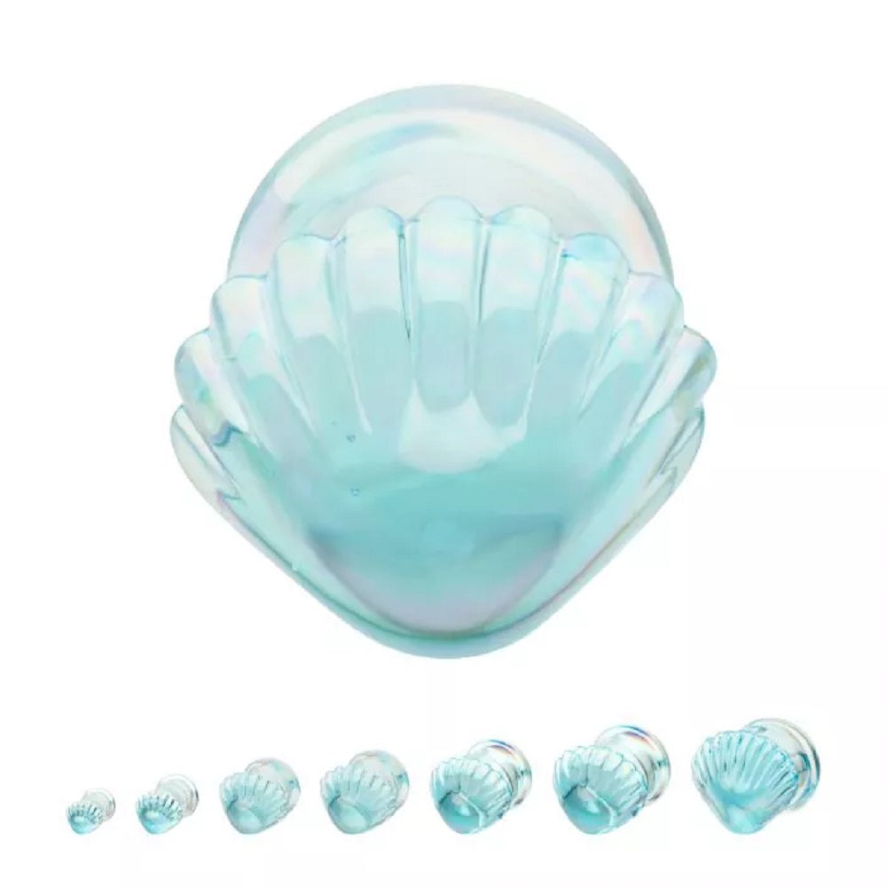Aurora Borealis Aqua Shell Glass Double Flared Plugs - Pair