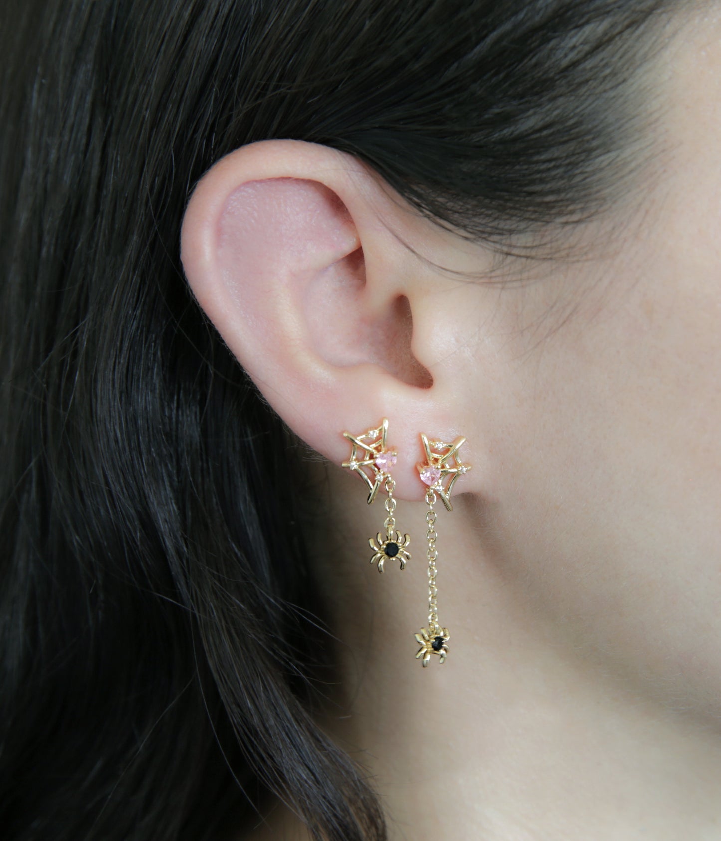 Web with Dangling Spider Stud Earrings - Pair