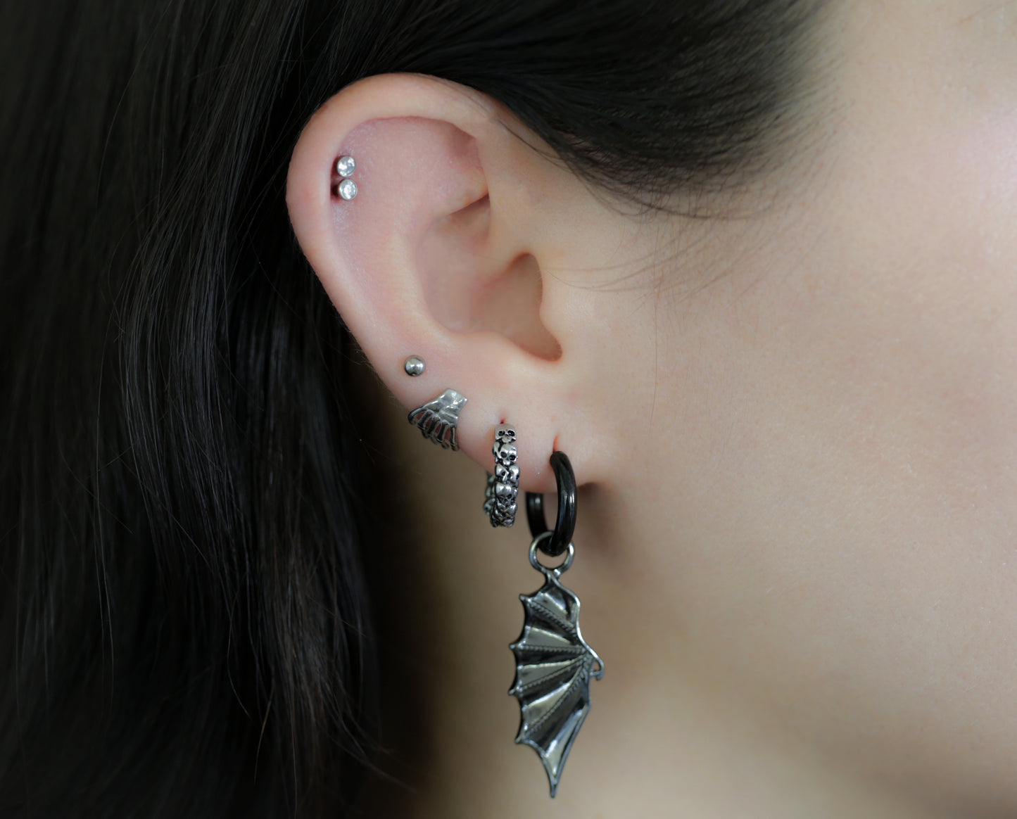 Black Bat Wing Dangling Huggie Hoop Earrings - Pair - 316L Stainless Steel