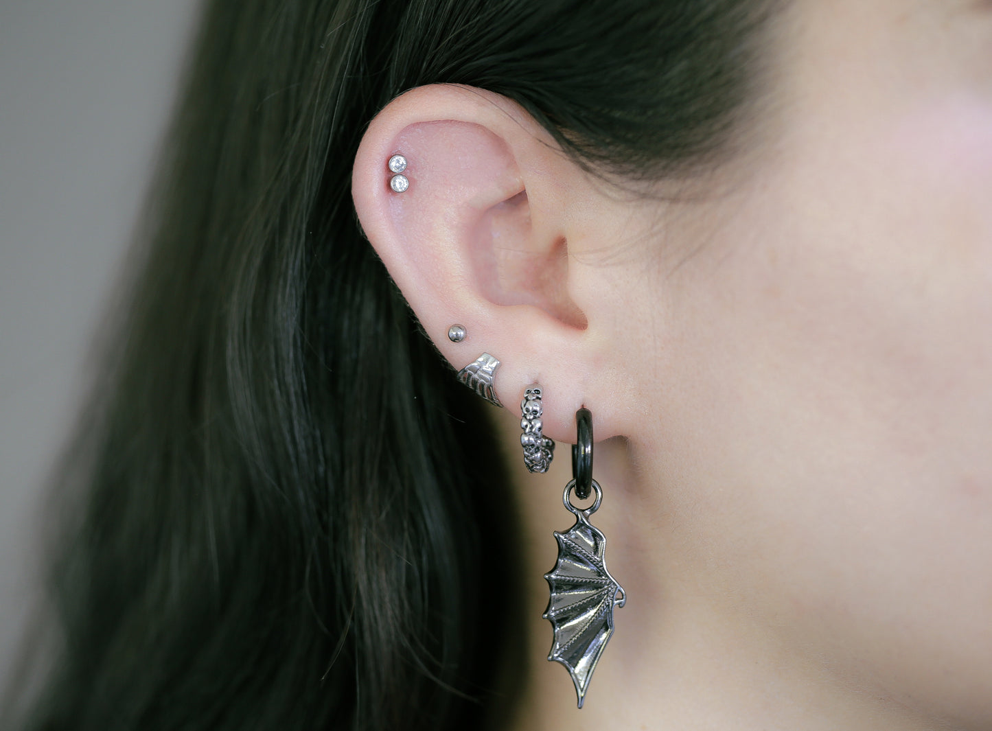 Black Bat Wing Dangling Huggie Hoop Earrings - Pair - 316L Stainless Steel