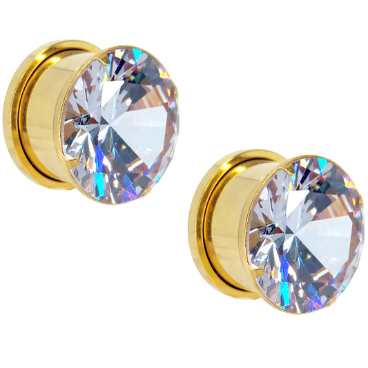 Clear Prong Set Zircon Crystal Screw Fit Plugs - Gold Plated Surgical Steel - Pair