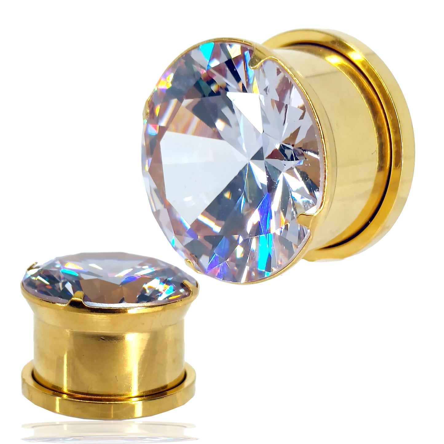 Clear Prong Set Zircon Crystal Screw Fit Plugs - Gold Plated Surgical Steel - Pair