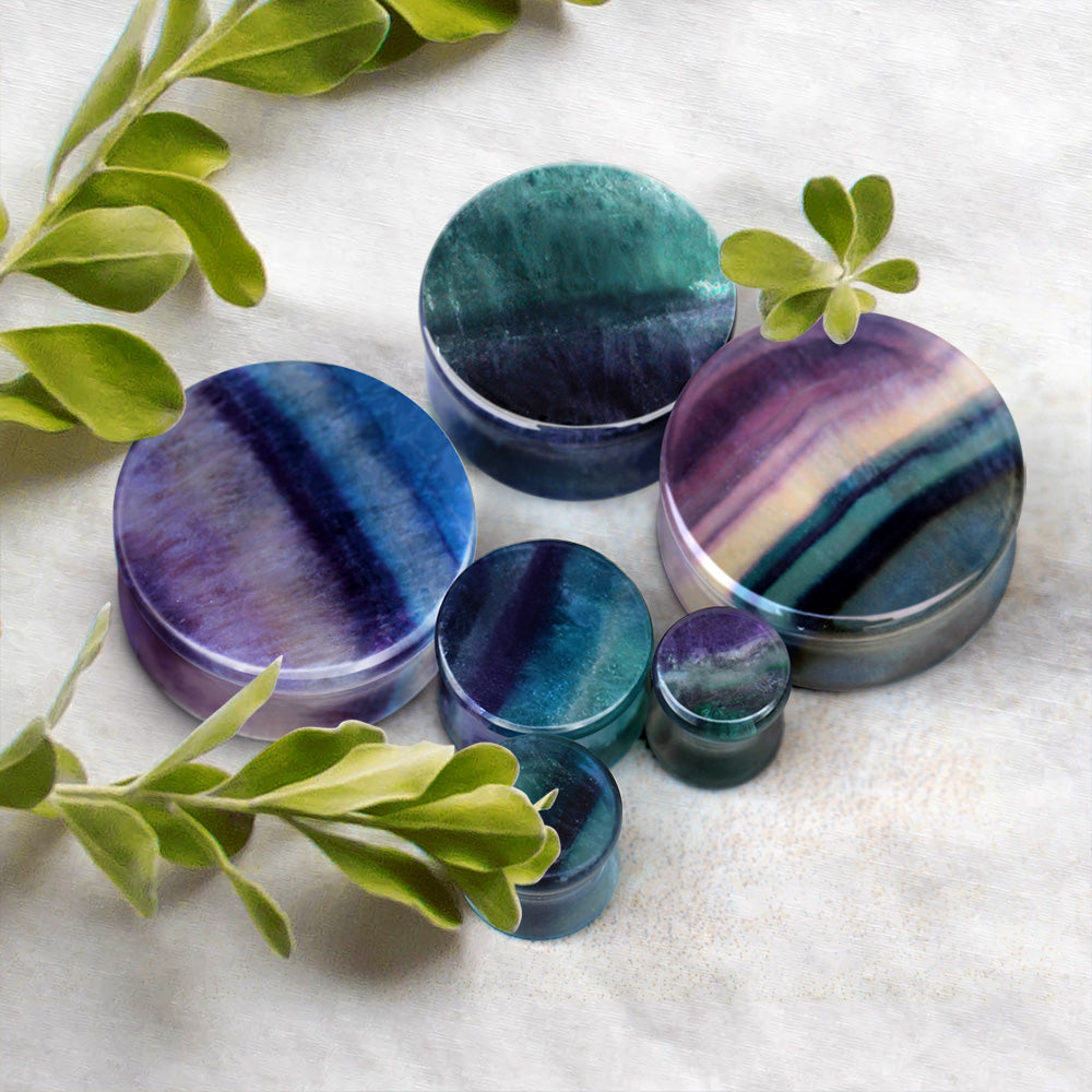 Natural Rainbow Fluorite Stone Double Flared Plugs - Pair