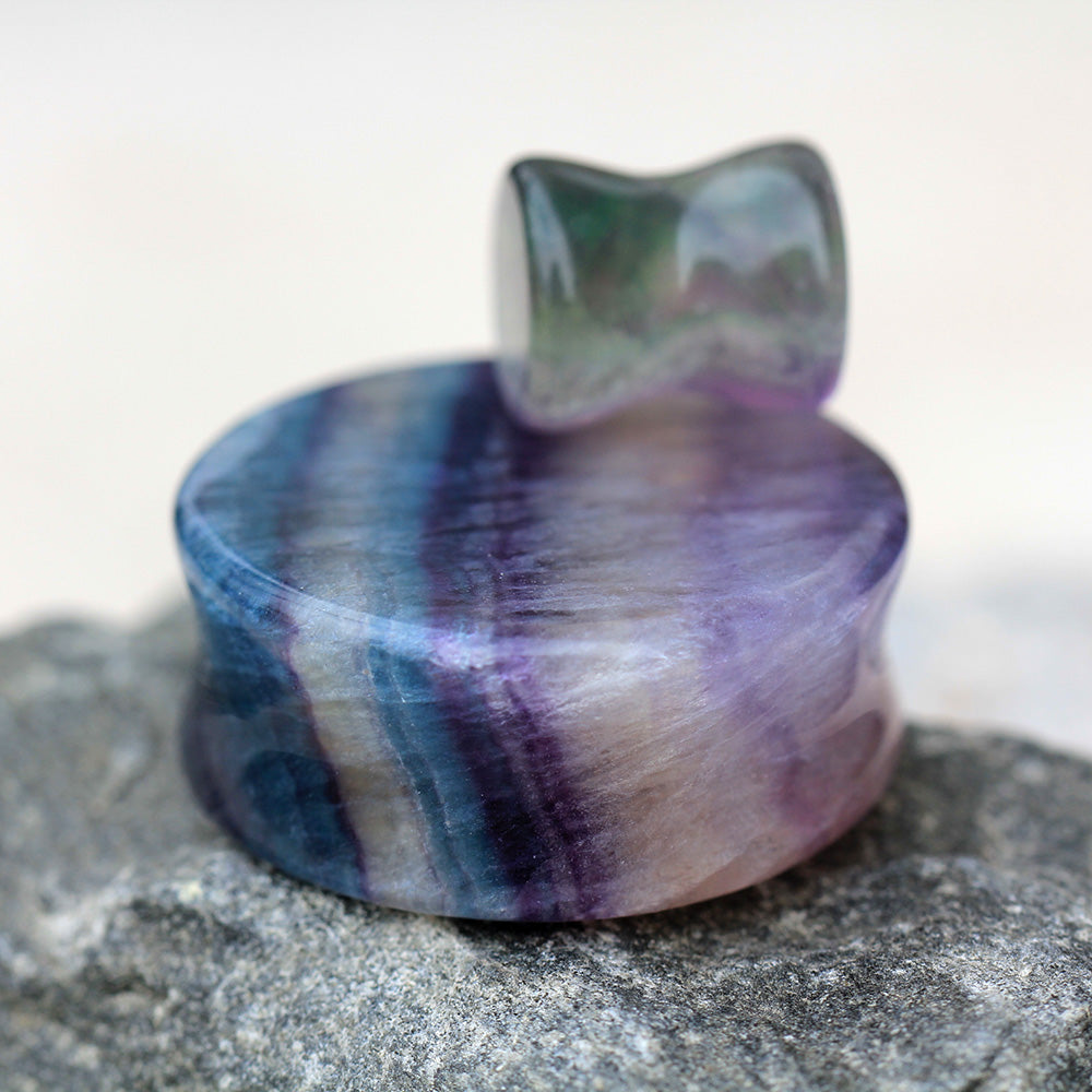 Natural Rainbow Fluorite Stone Double Flared Plugs - Pair