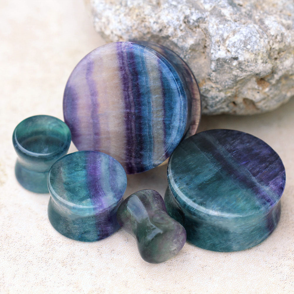 Natural Rainbow Fluorite Stone Double Flared Plugs - Pair