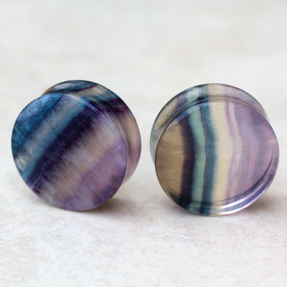 Natural Rainbow Fluorite Stone Double Flared Plugs - Pair