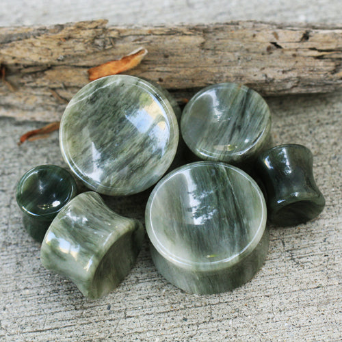 Natural Green Line Jasper Concave Stone Saddle Plugs
- Pair