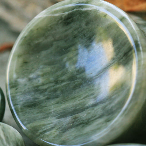 Natural Green Line Jasper Concave Stone Saddle Plugs
- Pair