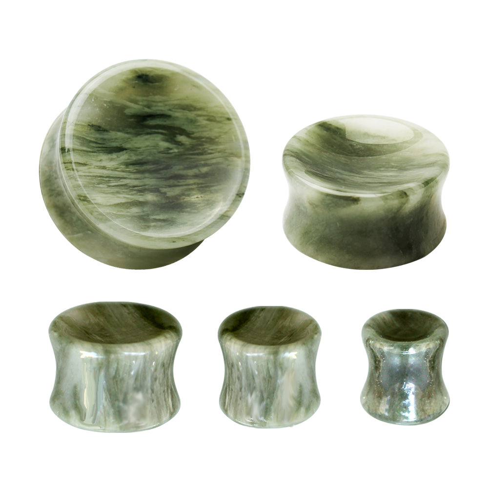 Natural Green Line Jasper Concave Stone Saddle Plugs
- Pair