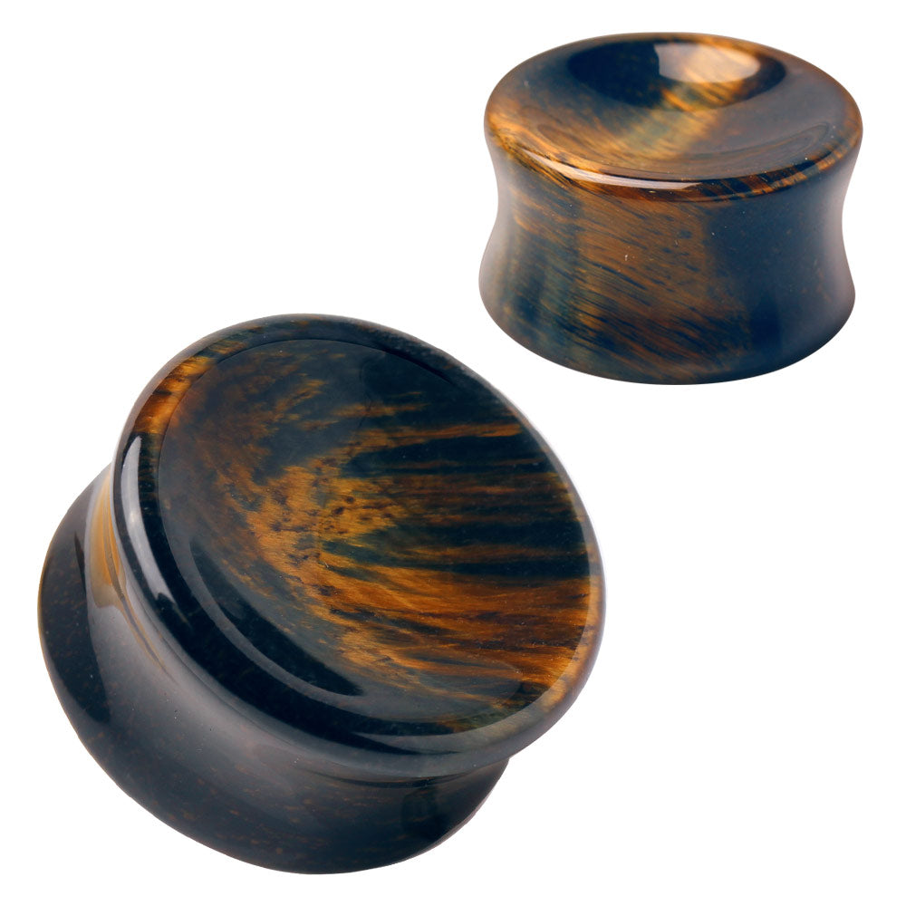 Natural Concave Dark Tiger Eye Stone Double Flared Saddle Fit Plugs
- Pair