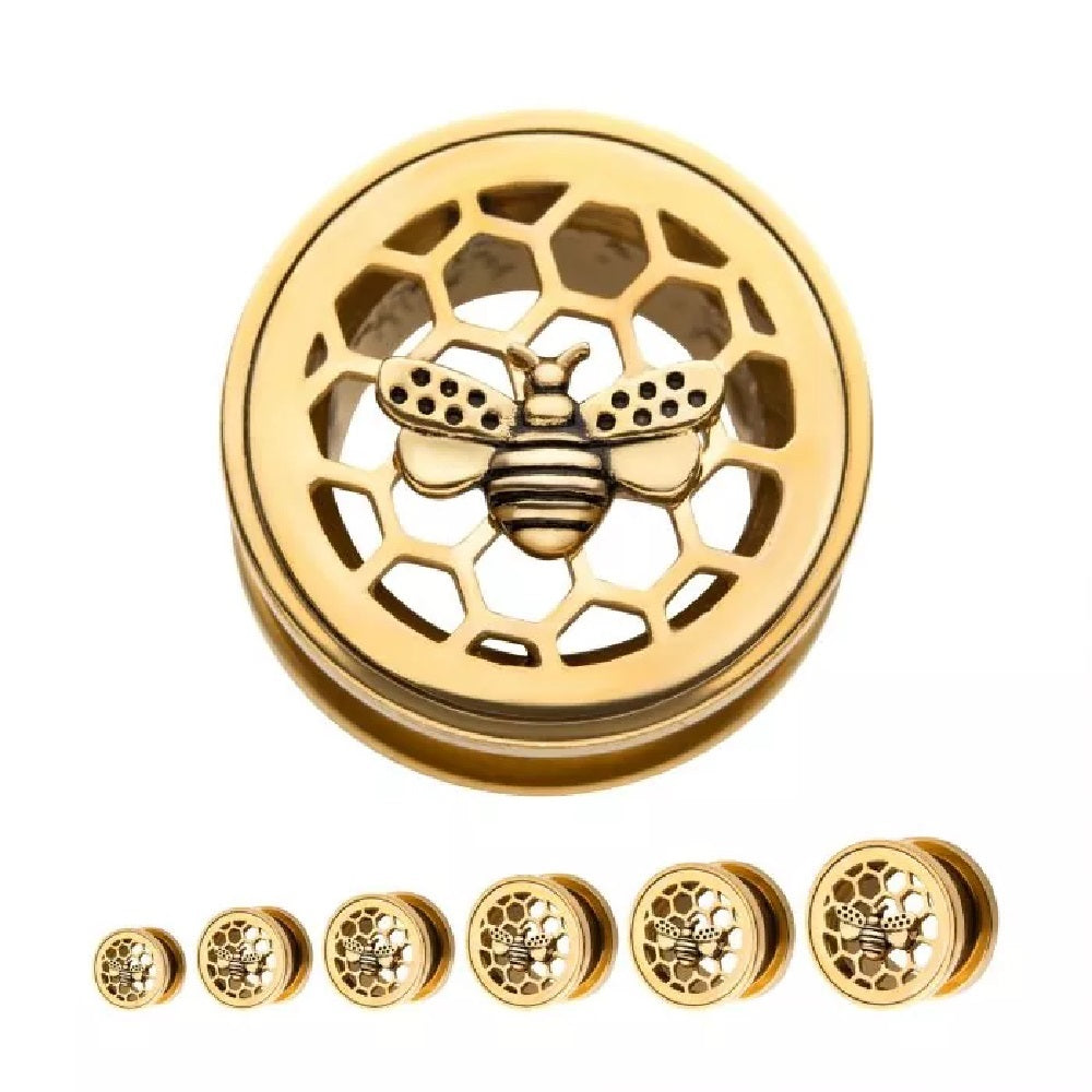 Golden Cut Out Honeycomb with Bumblebee Screw Fit Flesh Fit Plug Gauges
- Stainless Steel - Pair