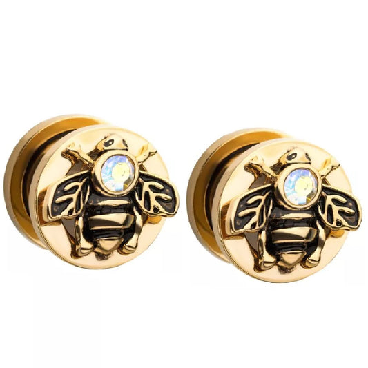 Cut Out Golden Bumble Bee with Aurora Borealis CZ Screw Fit Plugs - Stainless Steel - Pair