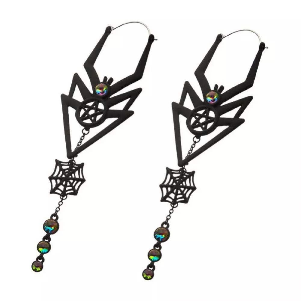 Matte Black Dangling Spider Web Plug Hoop Earrings - Stainless Steel - Pair
