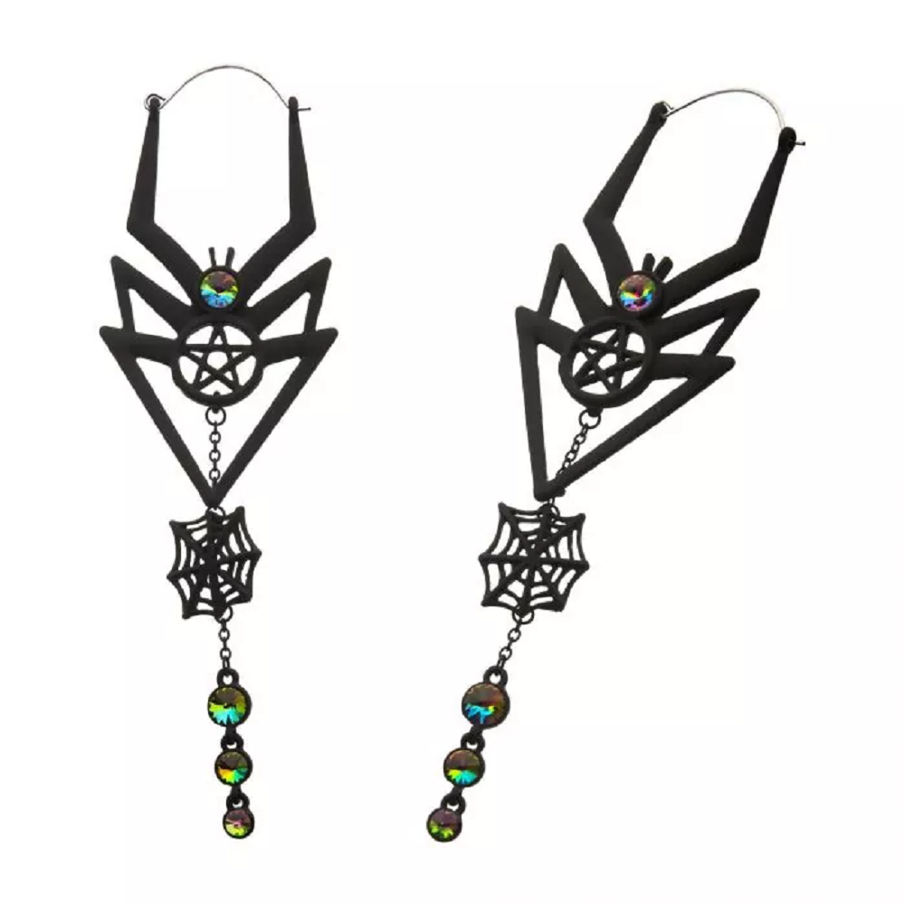 Matte Black Dangling Spider Web Plug Hoop Earrings - Stainless Steel - Pair