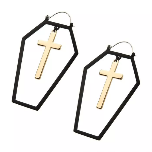 Black Cut Out Coffin with Gold Dangling Cross Plug Hoop Earrings - Stainless Steel - Pair