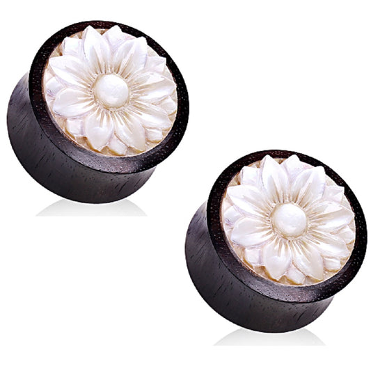 Organic Sono Wood with Hand Carved Mother of Pearl Lotus Flower Saddle Plug Gauges - Pair