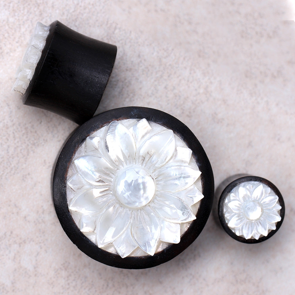 Organic Sono Wood with Hand Carved Mother of Pearl Lotus Flower Saddle Plug Gauges - Pair