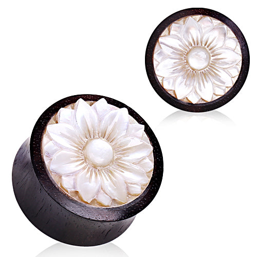 Organic Sono Wood with Hand Carved Mother of Pearl Lotus Flower Saddle Plug Gauges - Pair
