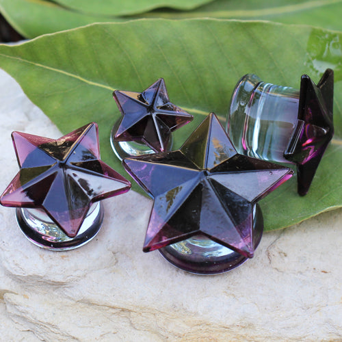 Purple Faceted Star Shaped Glass Flared Plugs - Pair