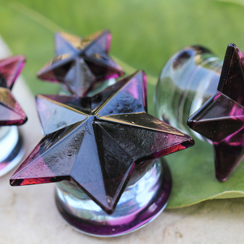 Purple Faceted Star Shaped Glass Flared Plugs - Pair