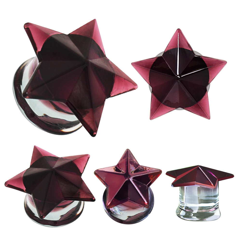 Purple Faceted Star Shaped Glass Flared Plugs - Pair