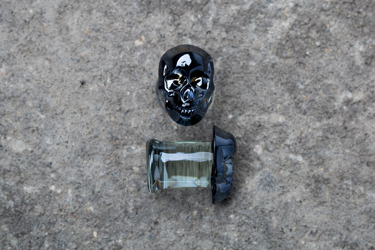 Glass Metallic Blue Skull Double Flared Plugs - Pair