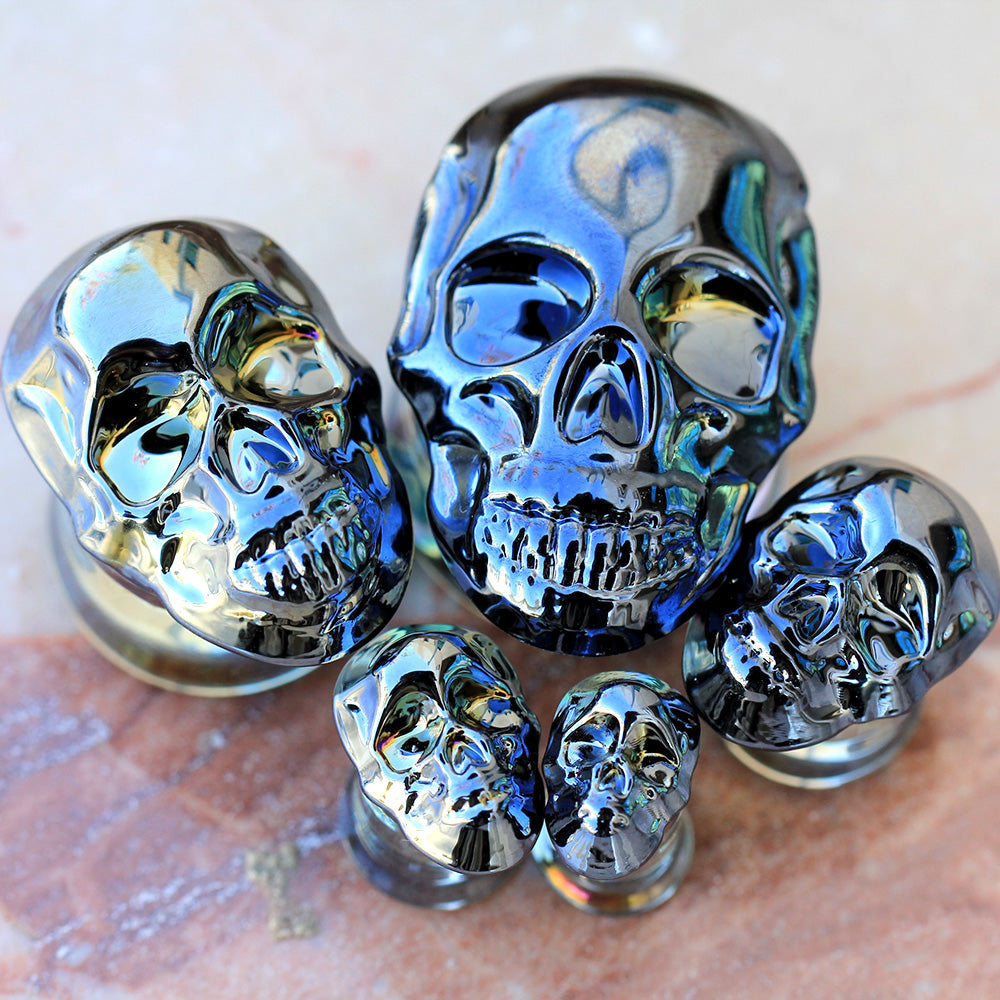 Glass Metallic Blue Skull Double Flared Plugs - Pair
