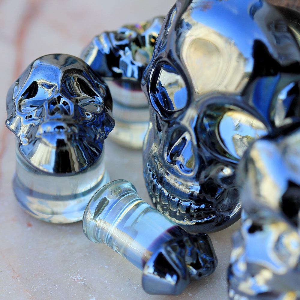 Glass Metallic Blue Skull Double Flared Plugs - Pair