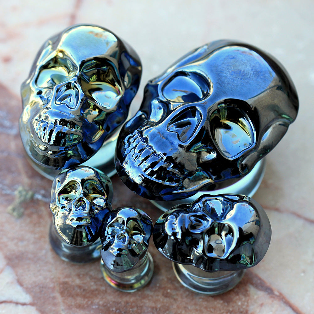 Glass Metallic Blue Skull Double Flared Plugs - Pair