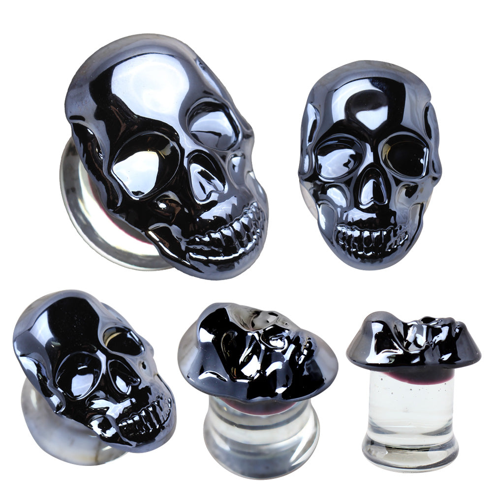 Glass Metallic Blue Skull Double Flared Plugs - Pair