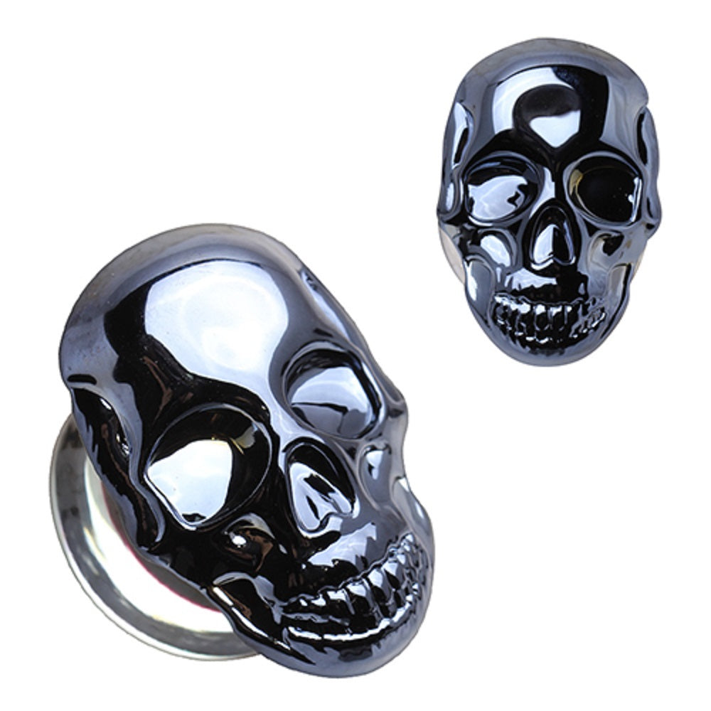 Glass Metallic Blue Skull Double Flared Plugs - Pair