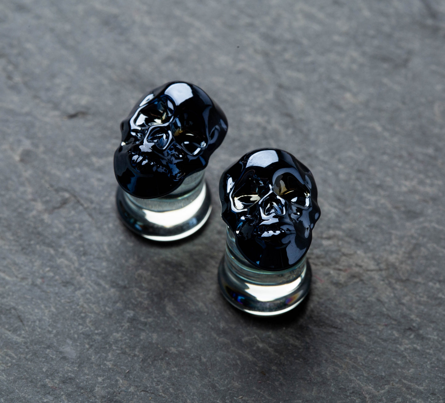 Glass Metallic Blue Skull Double Flared Plugs - Pair