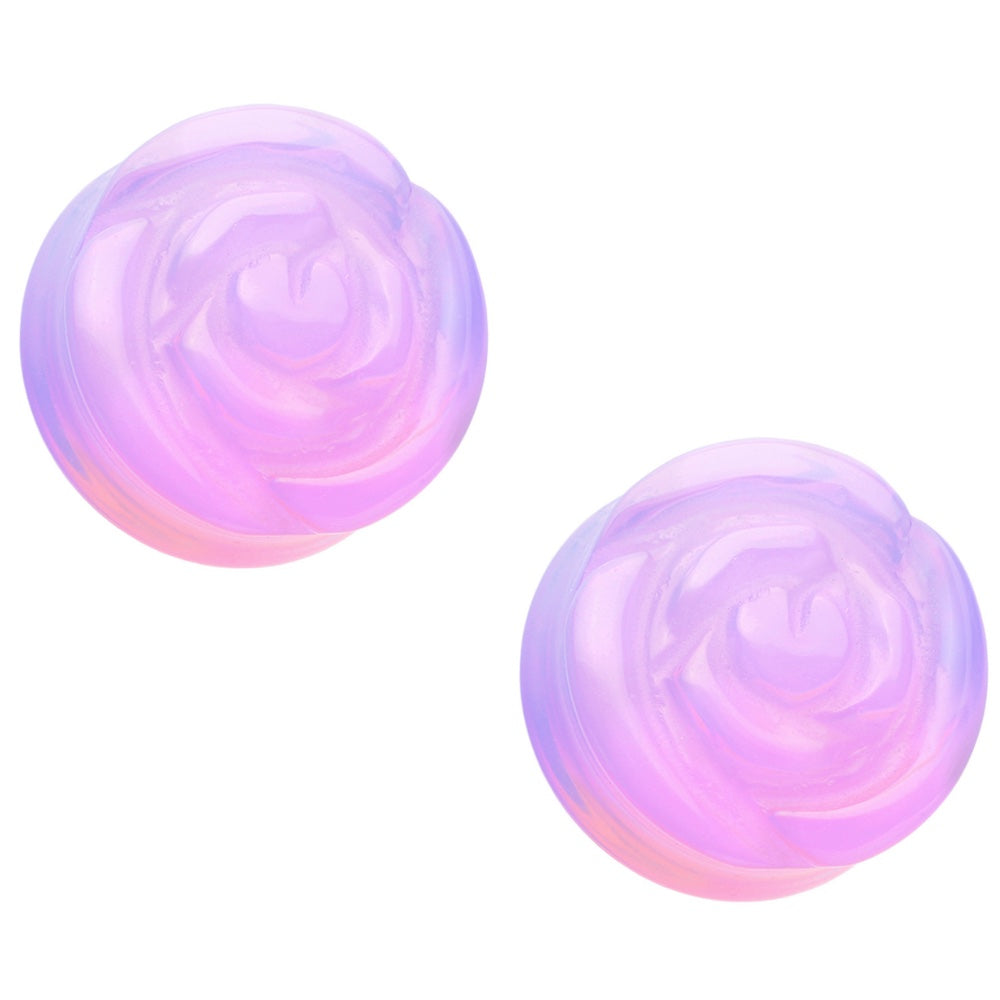 Lavender Opalite Rose Flower Double Flared Plugs - Pair