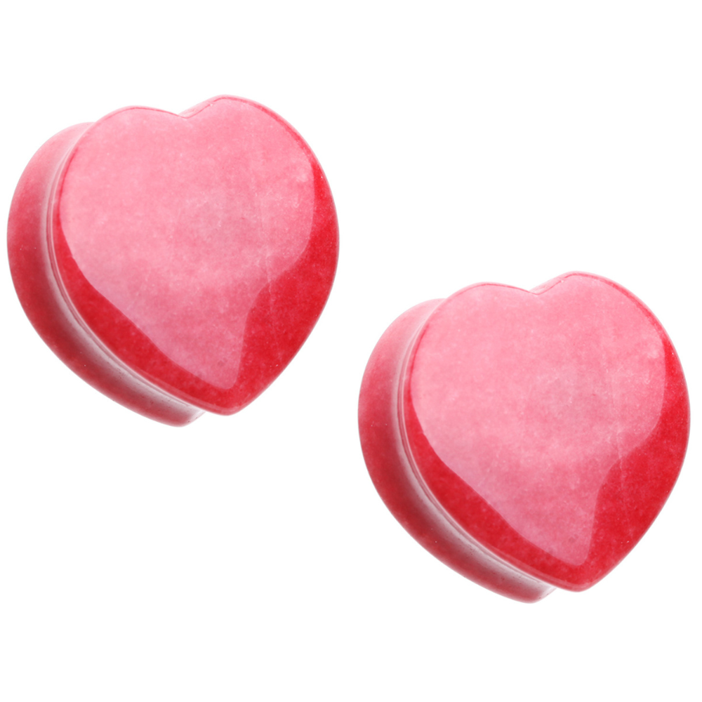 Red Heart Shaped Jade Stone Double Flared Plugs - Pair