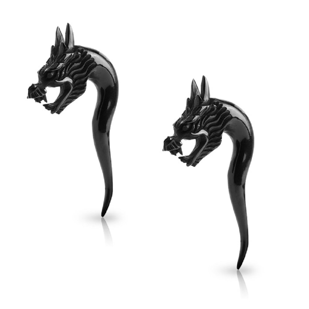 Dragon Head Natural Water Buffalo Horn Black Taper Plugs - Pair