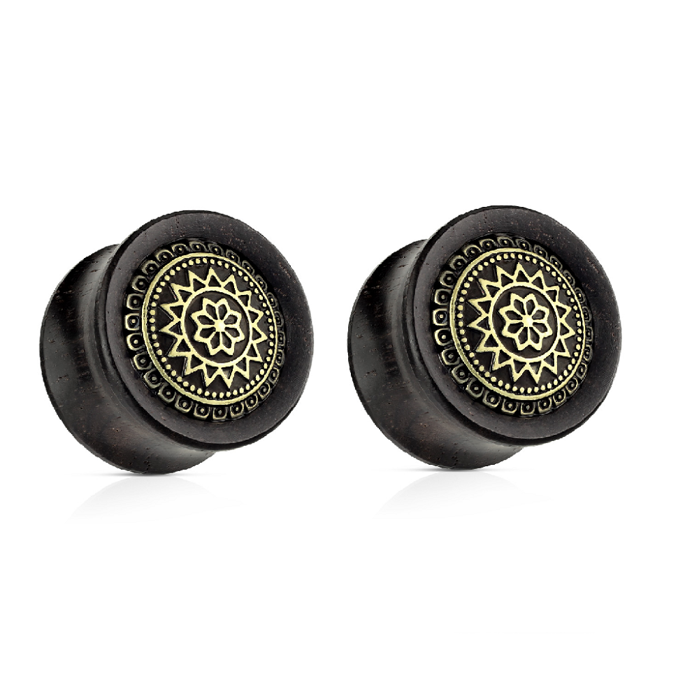 Antique Gold Plated Tribal Sun Shield Front Set Organic Ebony Wood Saddle Plugs
- Pair