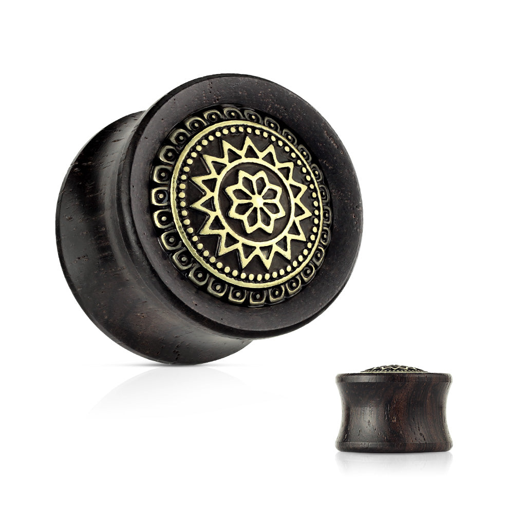 Antique Gold Plated Tribal Sun Shield Front Set Organic Ebony Wood Saddle Plugs
- Pair