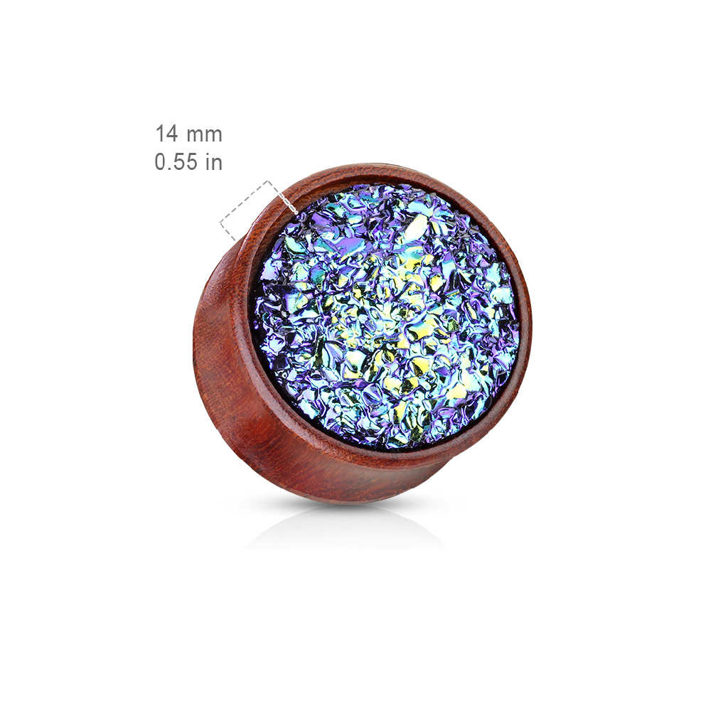 Blue Synthetic Druzy Stone Set Double Flared Natural Wood Plugs
- Pair