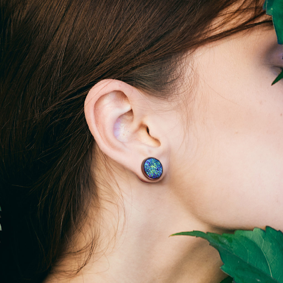 Blue Synthetic Druzy Stone Set Double Flared Natural Wood Plugs
- Pair