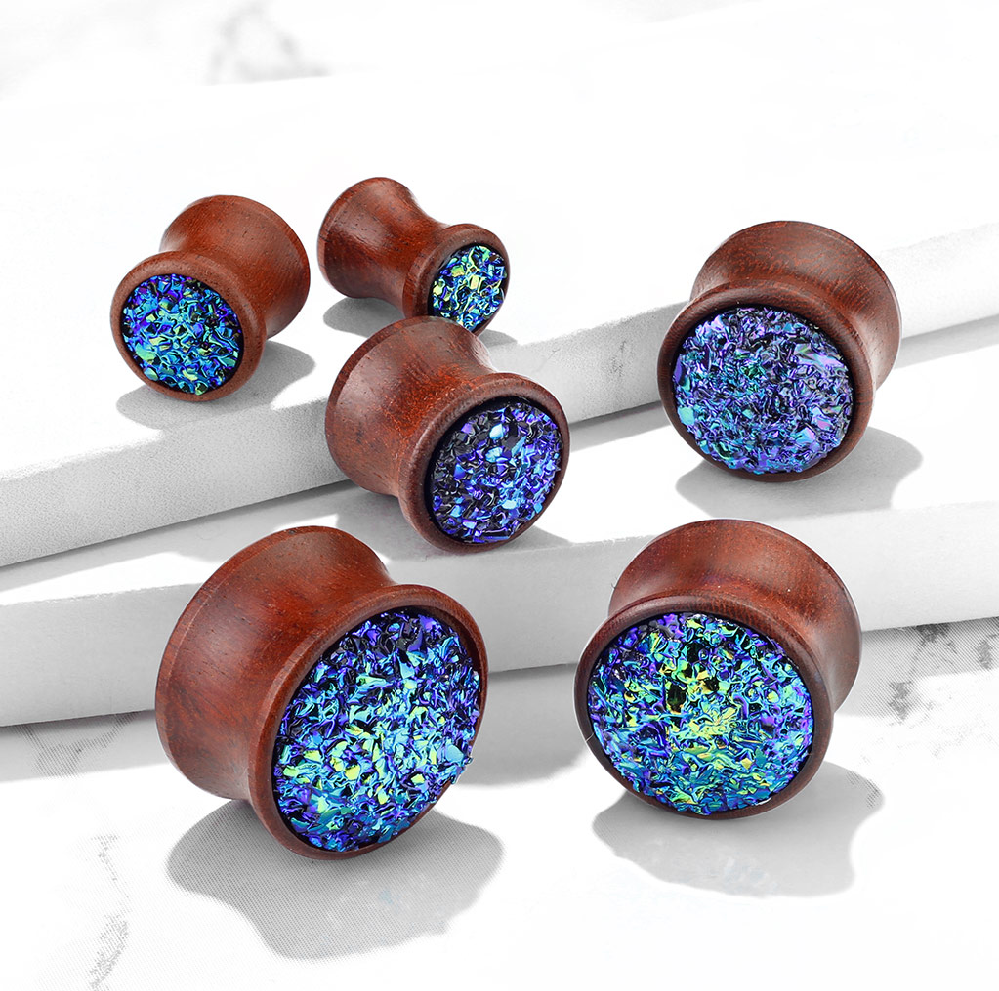 Blue Synthetic Druzy Stone Set Double Flared Natural Wood Plugs
- Pair