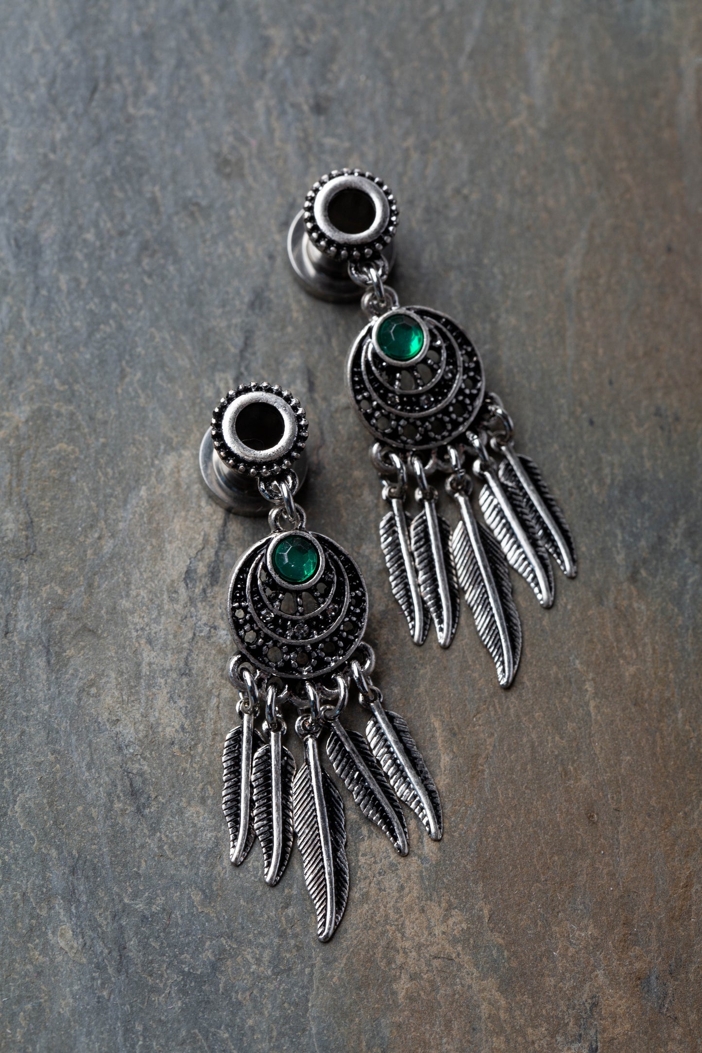 Green CZ Crystal Dream Catcher Dangle Screw Fit Tunnels - Stainless Steel