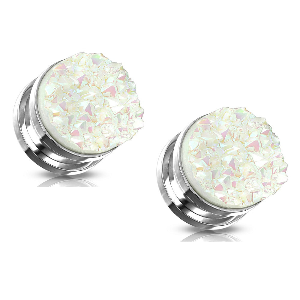 White Druzy Stone Screw Fit Plug Gauges - Stainless Steel
